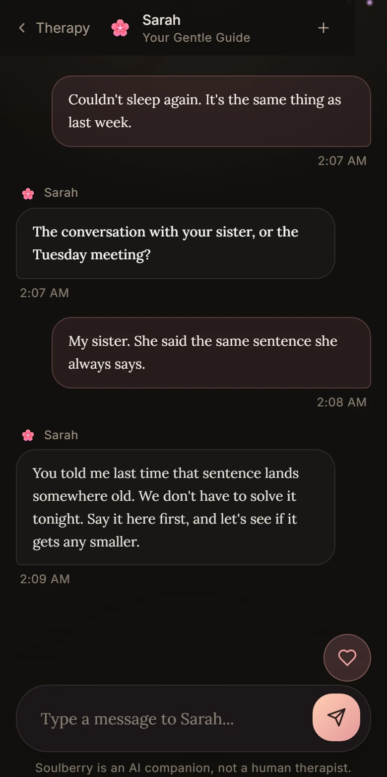 The Soulberry app at 2:07 in the morning. Sarah asks whether it is the conversation with your sister or the Tuesday meeting, then says it does not have to be solved tonight.