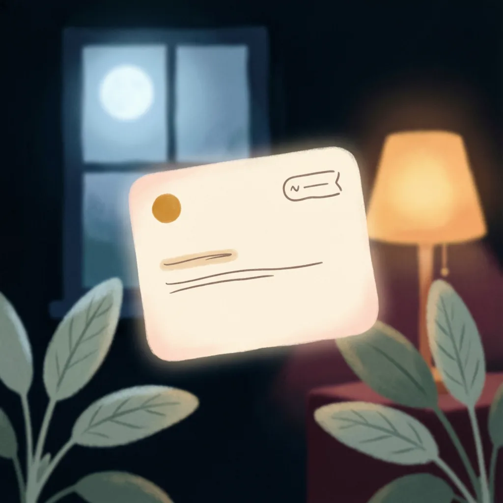 Illustration of a gentle notification arriving over a quiet bedroom at night.