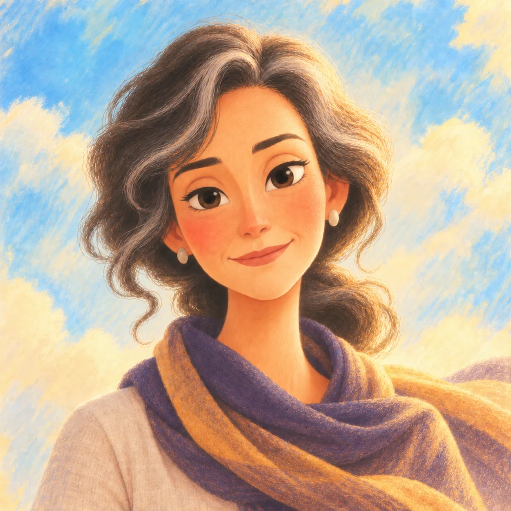 Illustrated portrait of Elena, the Wise Guide, an AI guide in Soulberry, looking calmly at the viewer.