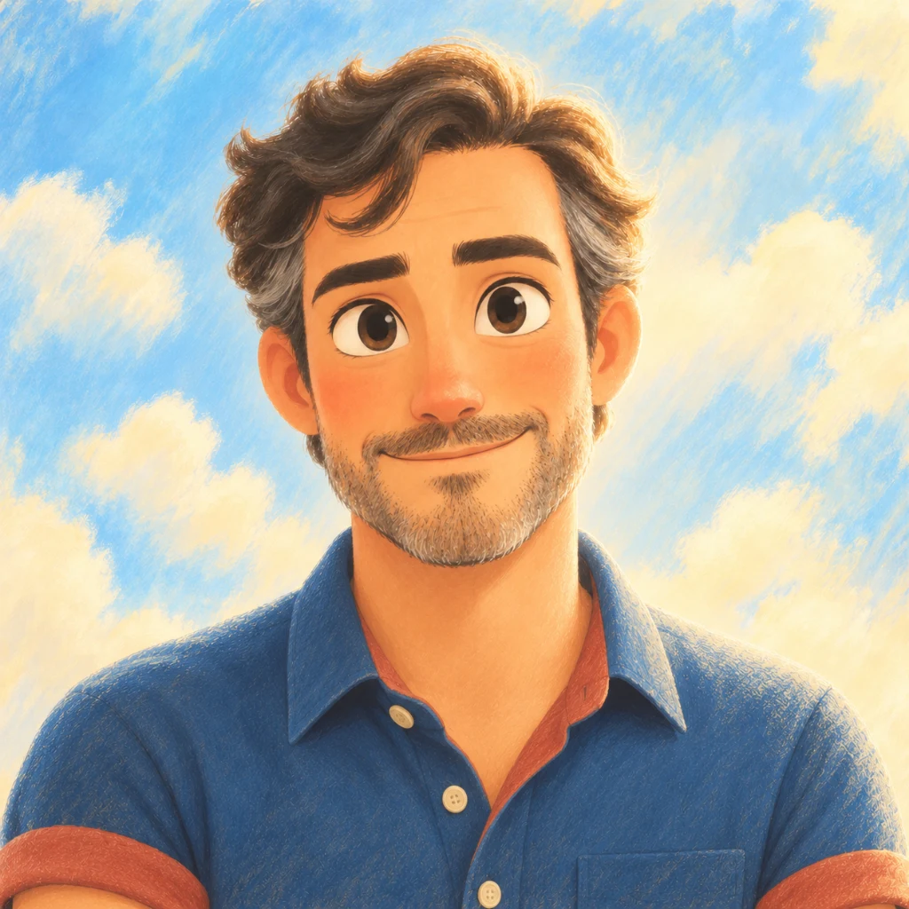 Illustrated portrait of Marcus, the Practical Guide, an AI guide in Soulberry, looking steadily at the viewer.