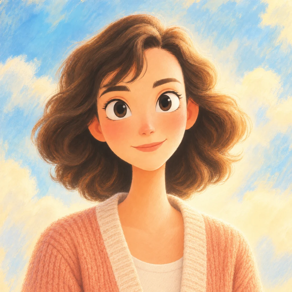 Illustrated portrait of Sarah, the Gentle Guide, an AI guide in Soulberry, looking warmly at the viewer.
