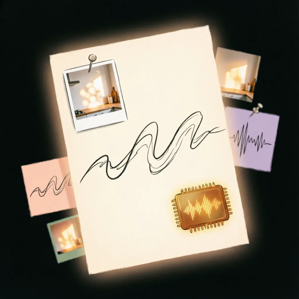 Illustration of journal fragments: a one-line page, a photo of light on a kitchen wall, and voice-note waveforms.