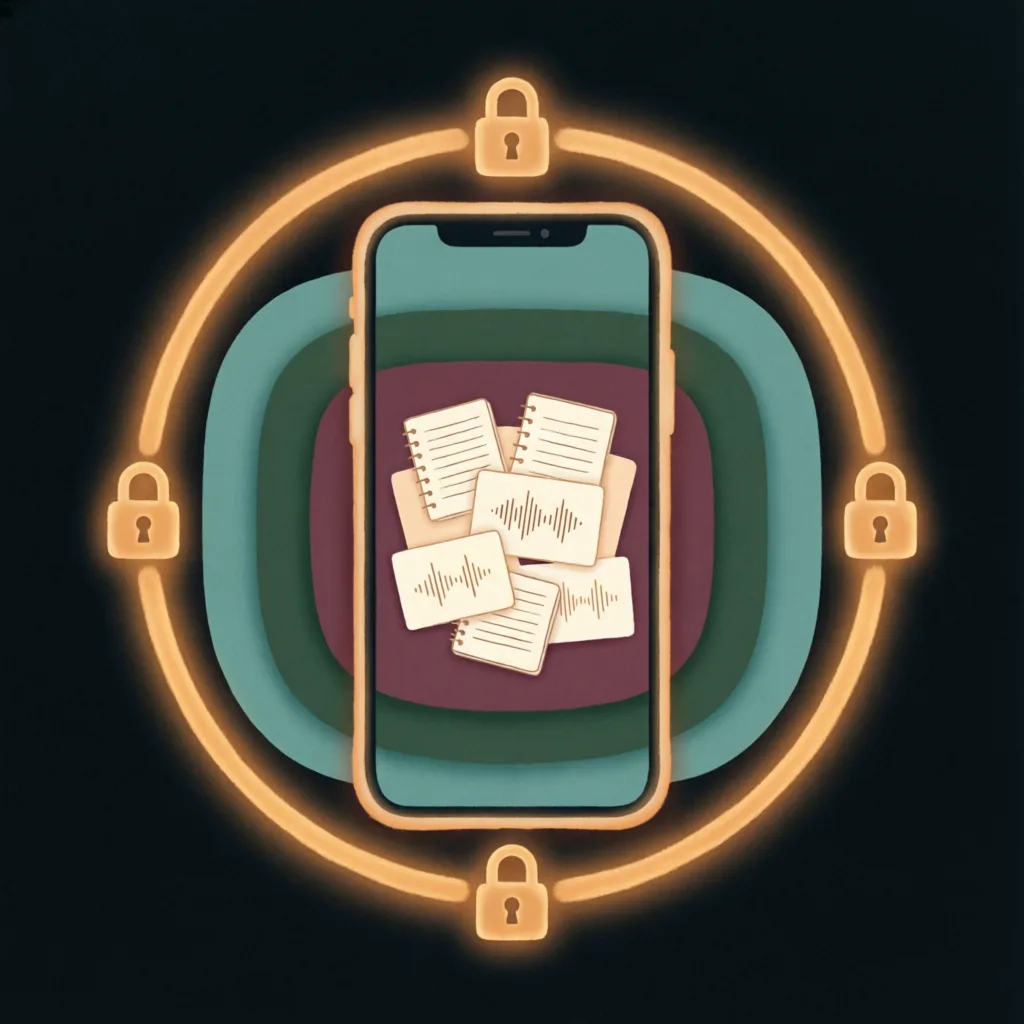 Illustration of a phone as a locked vault: layered protective rings around journal lines and voice notes.